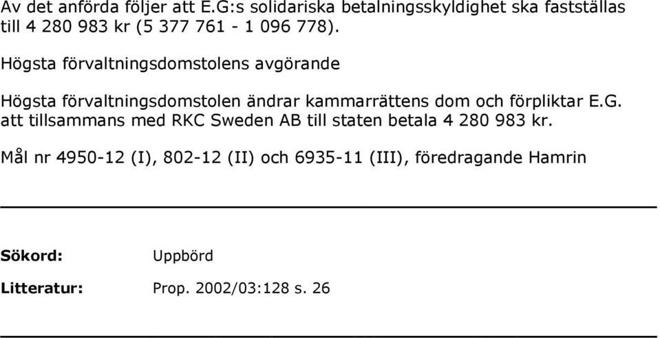 Högsta förvaltningsdomstolens avgörande Högsta förvaltningsdomstolen ändrar kammarrättens dom och
