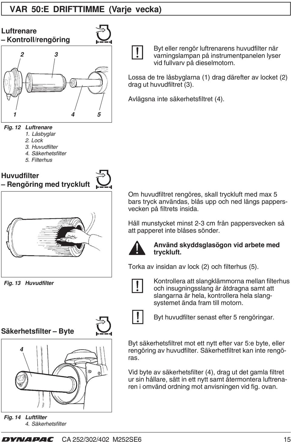 Filterhus Huvudfilter Rengöring med tryckluft Om huvudfiltret rengöres, skall tryckluft med max 5 bars tryck användas, blås upp och ned längs pappersvecken på filtrets insida. Fig.