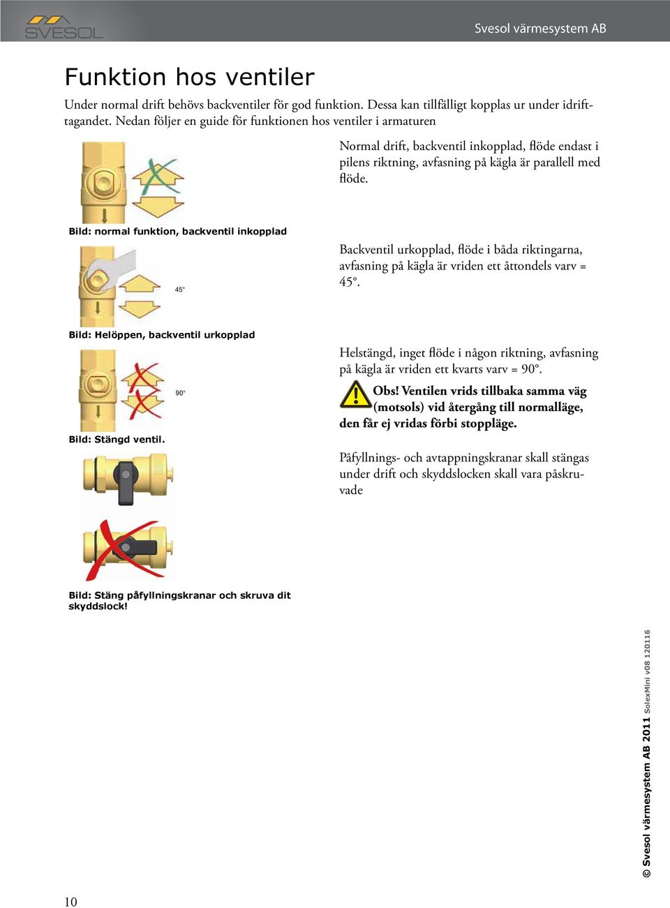 Bild: normal funktion, backventil inkopplad 45 45 Backventil urkopplad, flöde i båda riktingarna, avfasning på kägla är vriden ett åttondels varv = 45.
