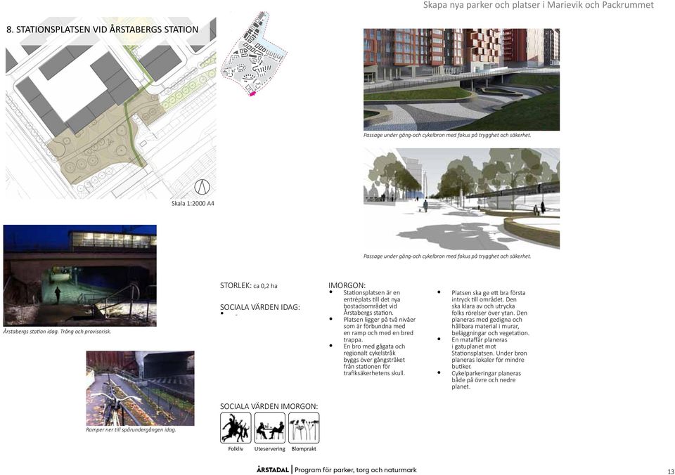 STORLEK: ca 0,2 ha SOCIALA VÄRDEN IDAG: - IMORGON: Stationsplatsen är en entréplats till det nya bostadsområdet vid Årstabergs station.