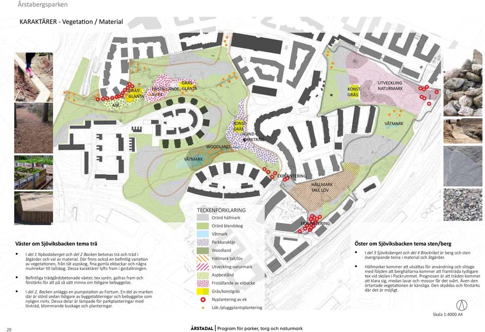 av material. Där finns också en befintlig variation av vegetationen, från tät aspskog, fina gamla ekbackar och några mulmekar till tallskog. Dessa karaktärer lyfts fram i gestaltningen.