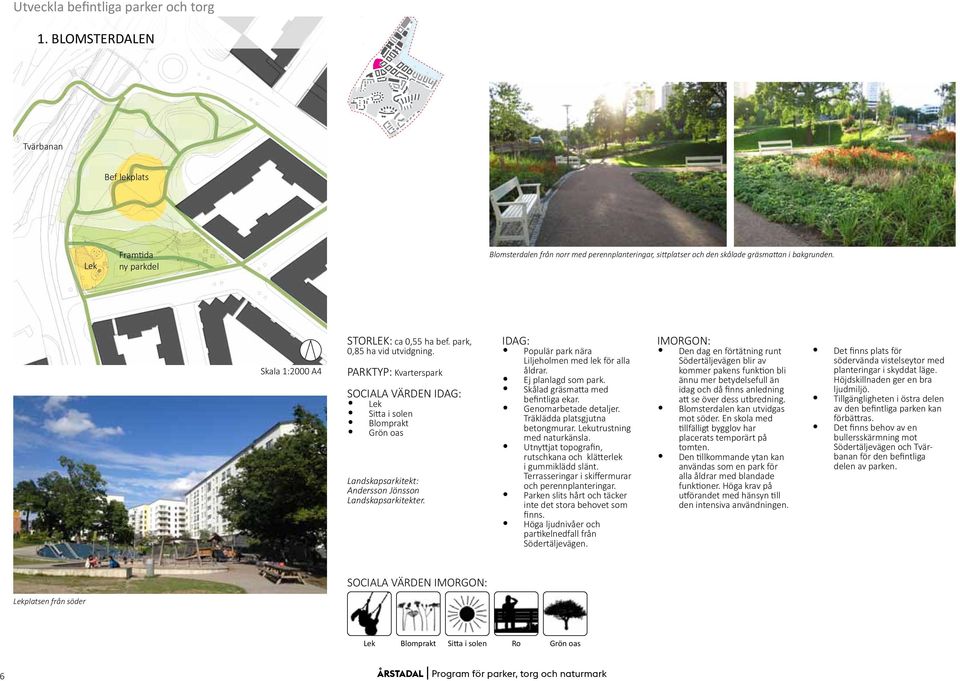 PARKTYP: Kvarterspark SOCIALA VÄRDEN IDAG: Sitta i solen Blomprakt Grön oas Landskapsarkitekt: Andersson Jönsson Landskapsarkitekter. IDAG: Populär park nära Liljeholmen med lek för alla åldrar.
