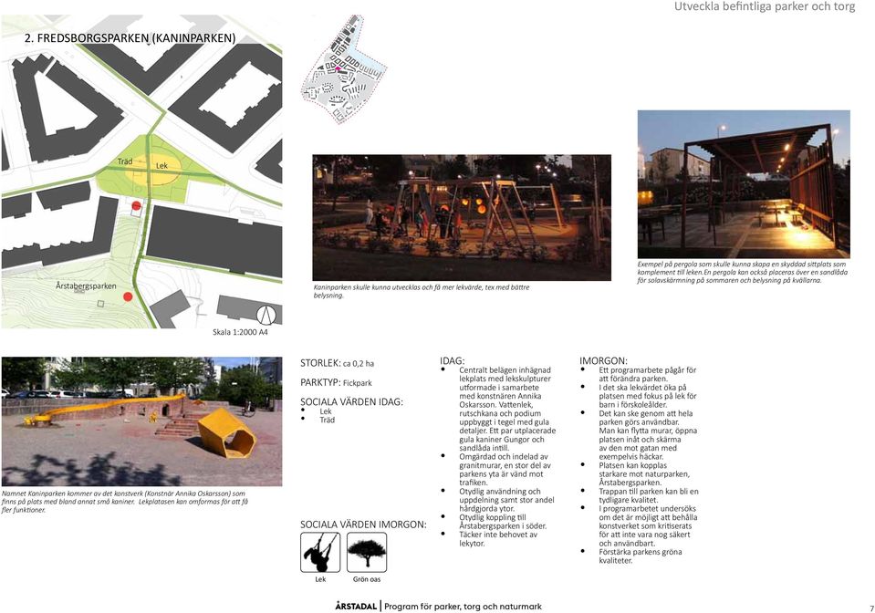 Skala 1:2000 A4 Namnet Kaninparken kommer av det konstverk (Konstnär Annika Oskarsson) som finns på plats med bland annat små kaniner. platasen kan omformas för att få fler funktioner.