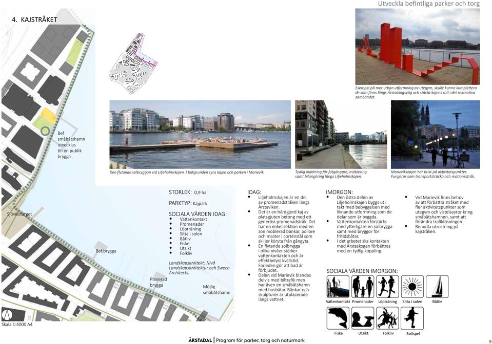 Bef småbåtshamn utvecklas till en publik brygga Den flytande solbryggan vid Liljeholmskajen. I bakgrunden syns kajen och parken i Marievik.
