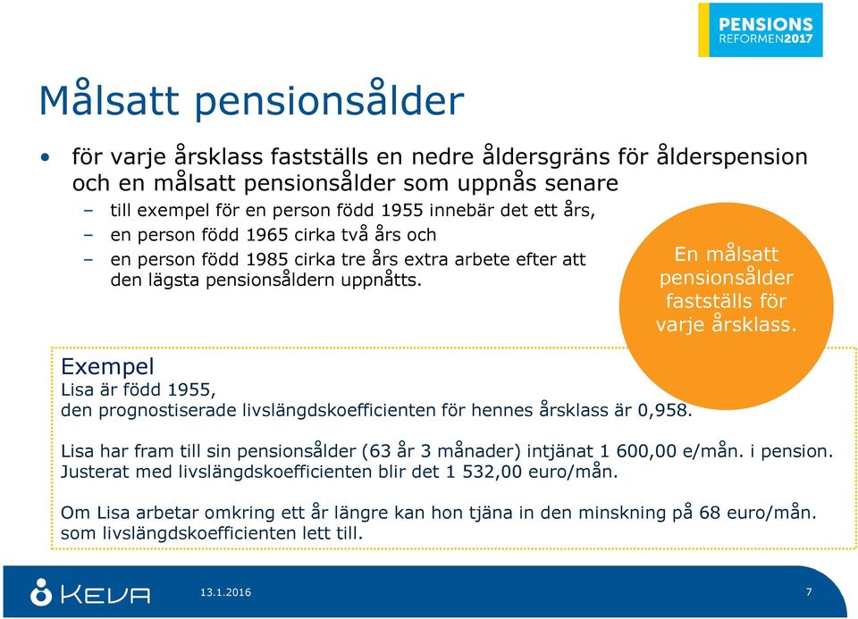 Exempel Lisa är född 1955, den prognostiserade livslängdskoefficienten för hennes årsklass är 0,958. En målsatt pensionsålder fastställs för varje årsklass.