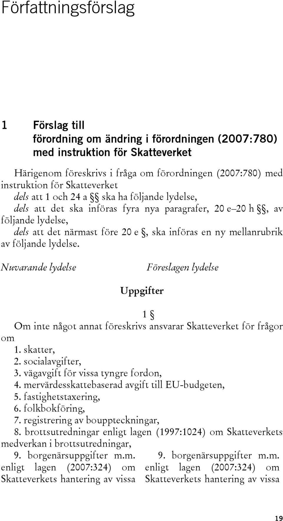 av följande lydelse. Nuvarande lydelse Föreslagen lydelse Uppgifter 1 Om inte något annat föreskrivs ansvarar Skatteverket för frågor om 1. skatter, 2. socialavgifter, 3.