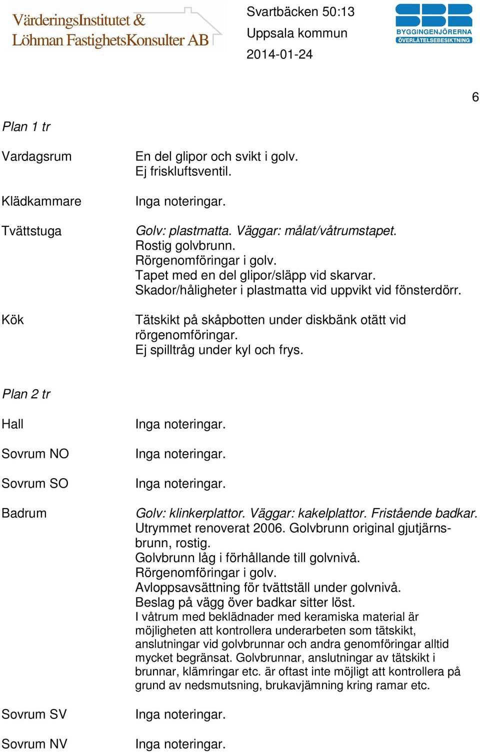 Ej spilltråg under kyl och frys. Plan 2 tr Hall Sovrum NO Sovrum SO Badrum Sovrum SV Sovrum NV Golv: klinkerplattor. Väggar: kakelplattor. Fristående badkar. Utrymmet renoverat 2006.