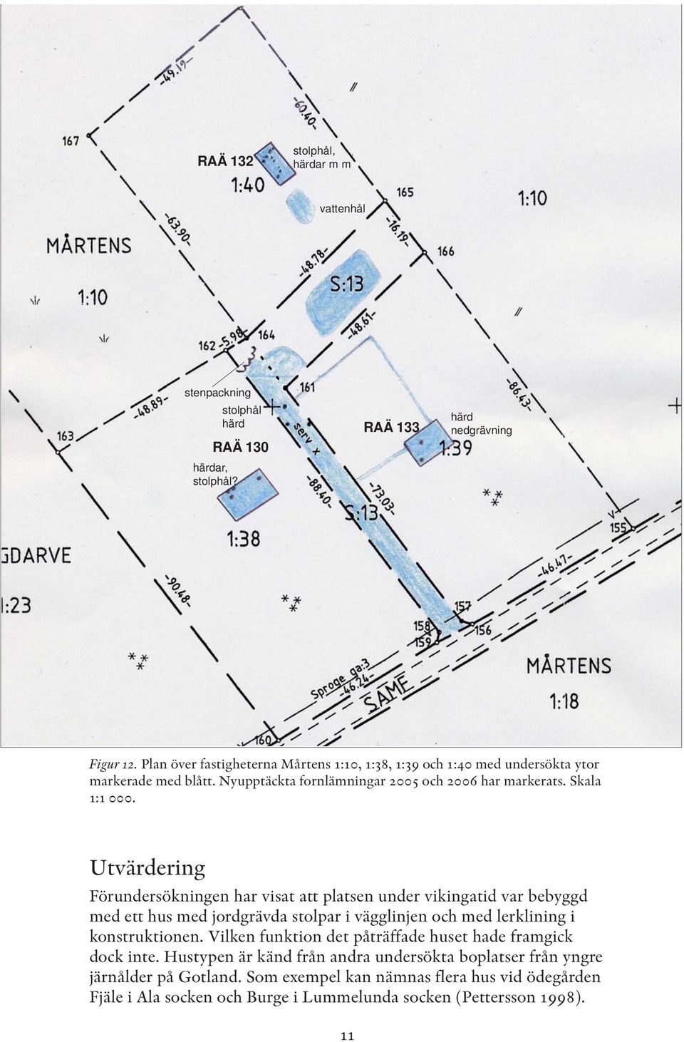 Utvärdering Förundersökningen har visat att platsen under vikingatid var bebyggd med ett hus med jordgrävda stolpar i vägglinjen och med lerklining i konstruktionen.