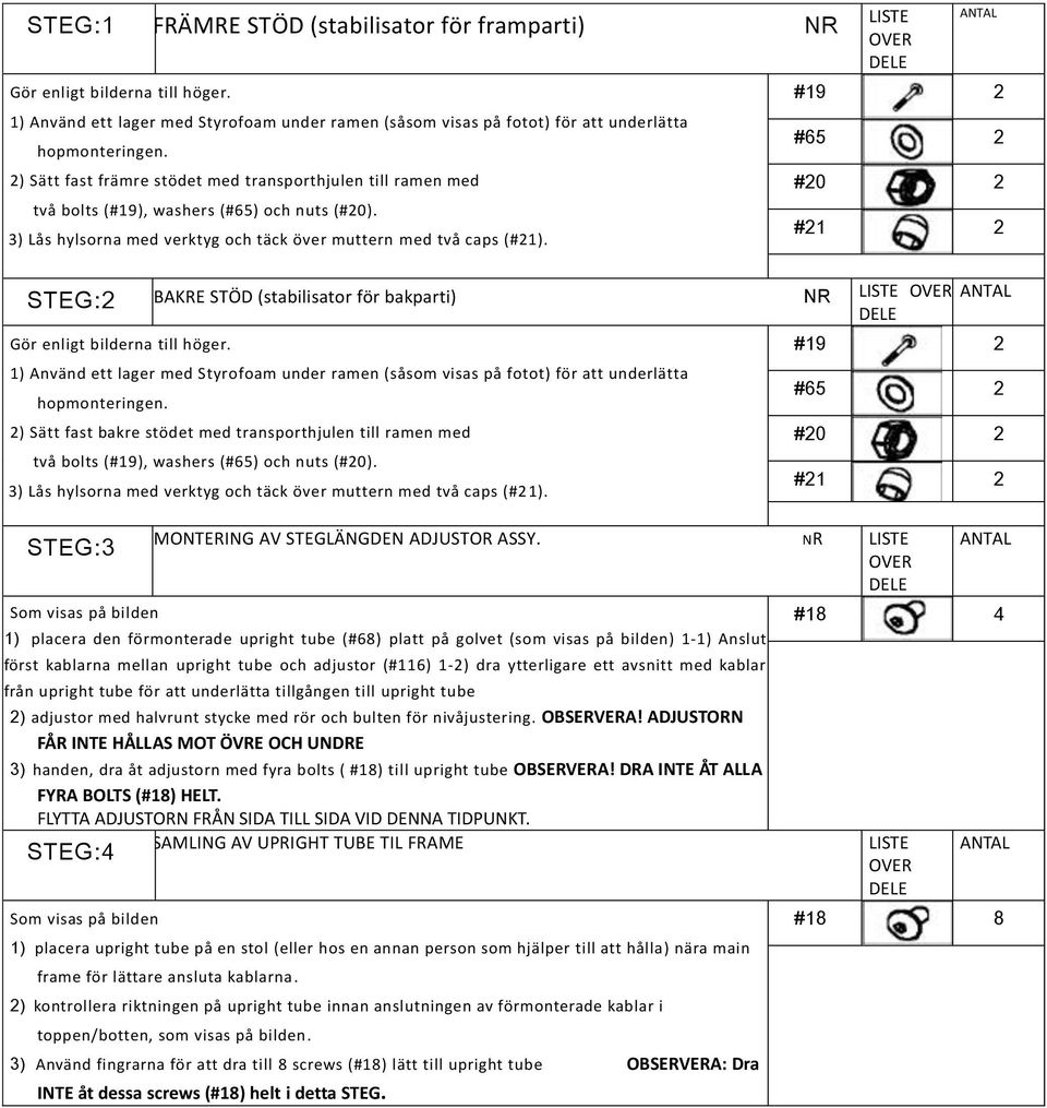 LISTE OVER DELE ANTAL #19 2 #65 2 #20 2 #21 2 STEG:2 BAKRE STÖD (stabilisator för bakparti) NR LISTE OVER DELE Gör enligt bilderna till höger.