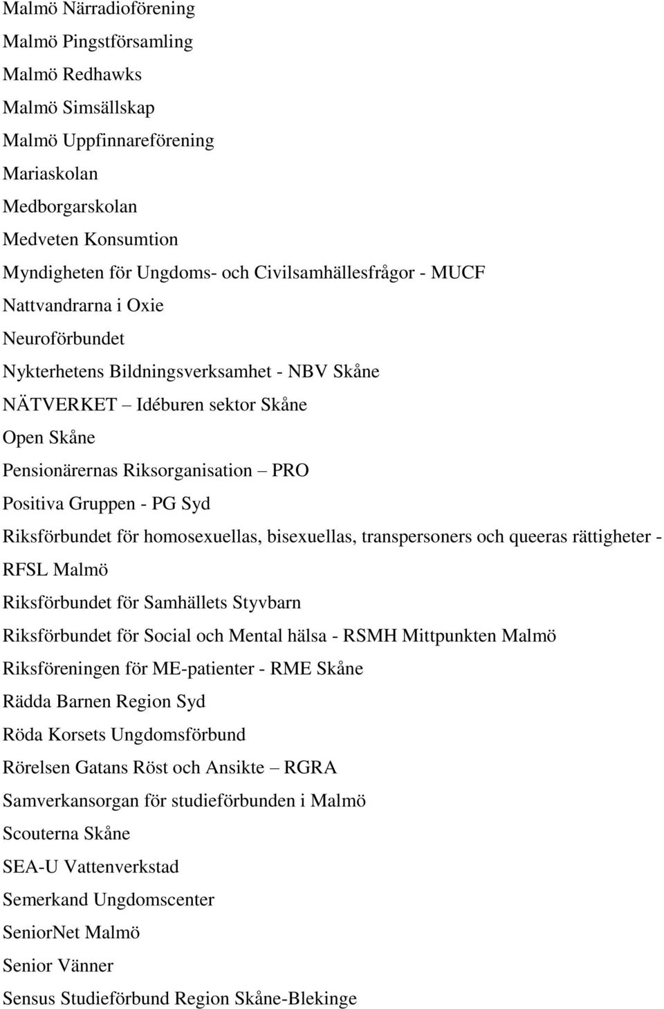 Gruppen - PG Syd Riksförbundet för homosexuellas, bisexuellas, transpersoners och queeras rättigheter - RFSL Malmö Riksförbundet för Samhällets Styvbarn Riksförbundet för Social och Mental hälsa -