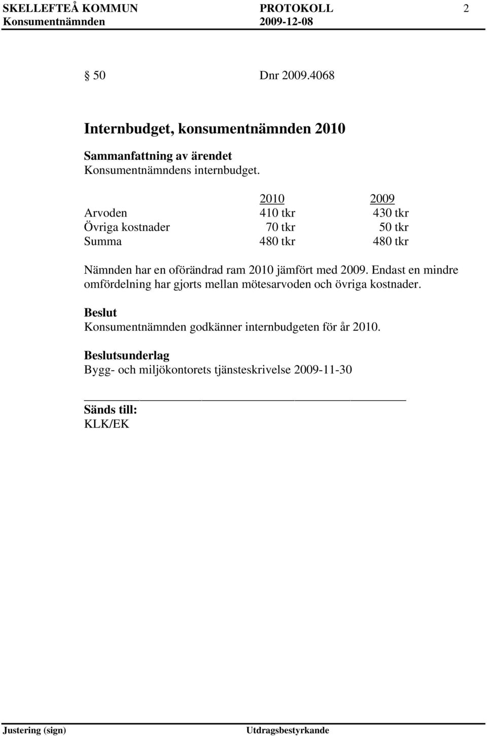 2010 jämfört med 2009. Endast en mindre omfördelning har gjorts mellan mötesarvoden och övriga kostnader.