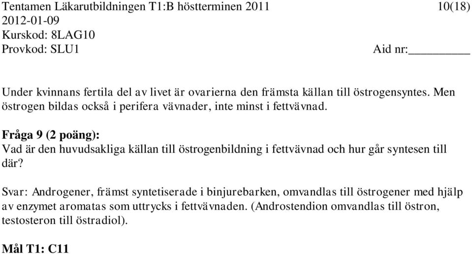 Fråga 9 (2 poäng): Vad är den huvudsakliga källan till östrogenbildning i fettvävnad och hur går syntesen till där?