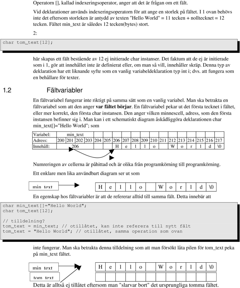 2: char tom_text[12]; här skapas ett fält bestående av 12 ej initierade char instanser.
