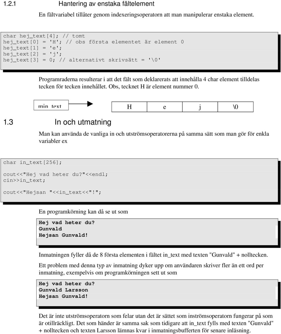 att det fält som deklarerats att innehålla 4 char element tilldelas tecken för tecken innehållet. Obs, tecknet H är element nummer 0. min_text H e j \0 1.