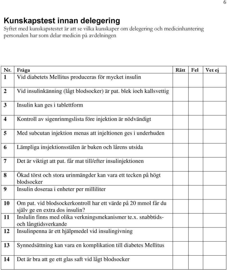 blek ioch kallsvettig 3 Insulin kan ges i tablettform 4 Kontroll av sigenrinmgslista före injektion är nödvändigt 5 Med subcutan injektion menas att injeltionen ges i underhuden 6 Lämpliga