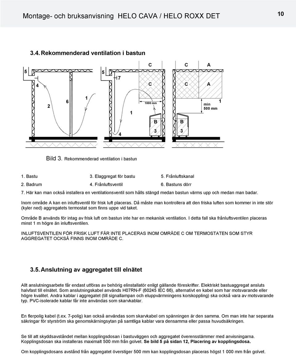 Här kan man också installera en ventilationsventil som hålls stängd medan bastun värms upp och medan man badar. Inom område A kan en inluftsventil för frisk luft placeras.