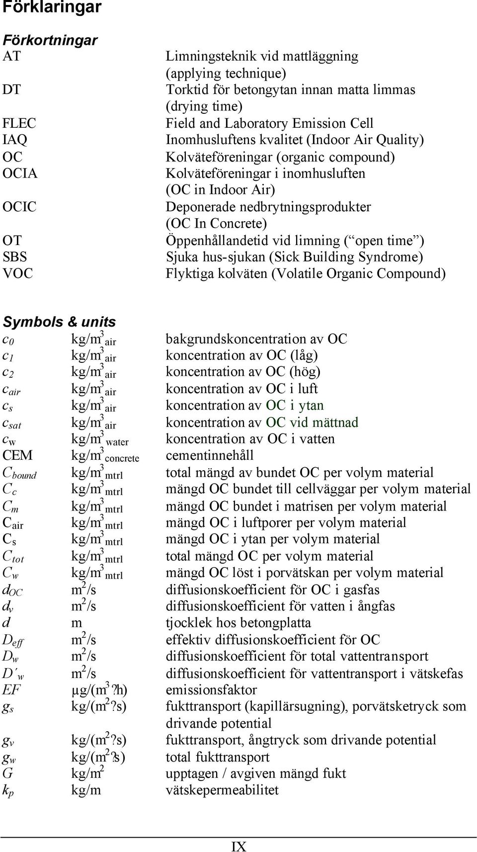 Öppenhållandetid vid limning ( open time ) Sjuka hus-sjukan (Sick Building Syndrome) Flyktiga kolväten (Volatile Organic Compound) Symbols & units c kg/m 3 air bakgrundskoncentration av OC c 1 kg/m 3