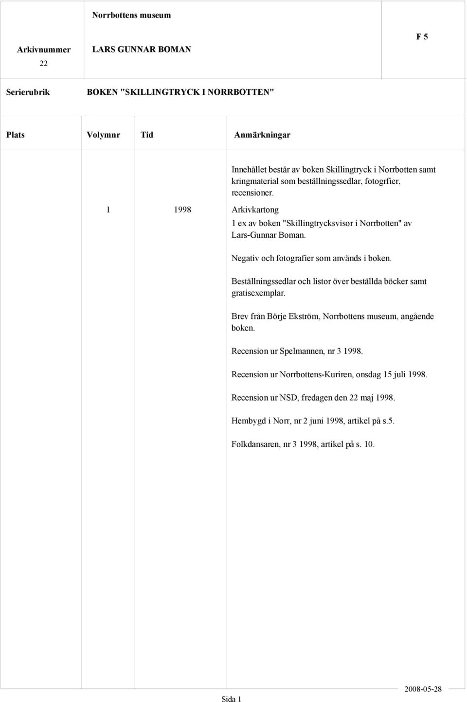 Beställningssedlar och listor över beställda böcker samt gratisexemplar. Brev från Börje Ekström,, angående boken. Recension ur Spelmannen, nr 3 1998.
