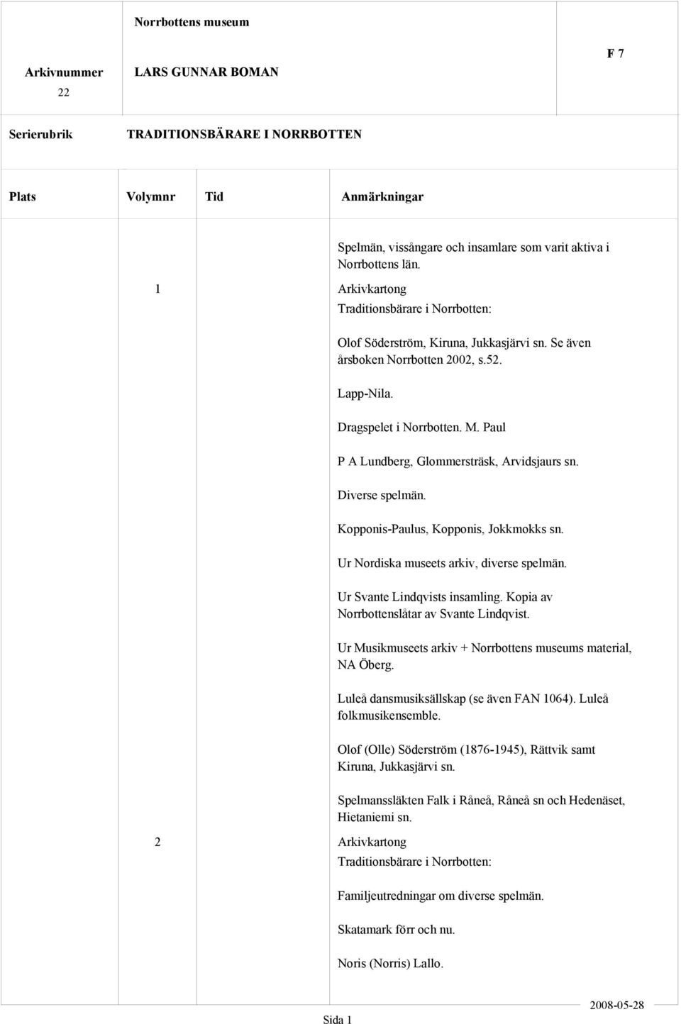 2 Arkivkartong Kopponis-Paulus, Kopponis, Jokkmokks sn. Ur Nordiska museets arkiv, diverse spelmän. Ur Svante Lindqvists insamling. Kopia av Norrbottenslåtar av Svante Lindqvist.