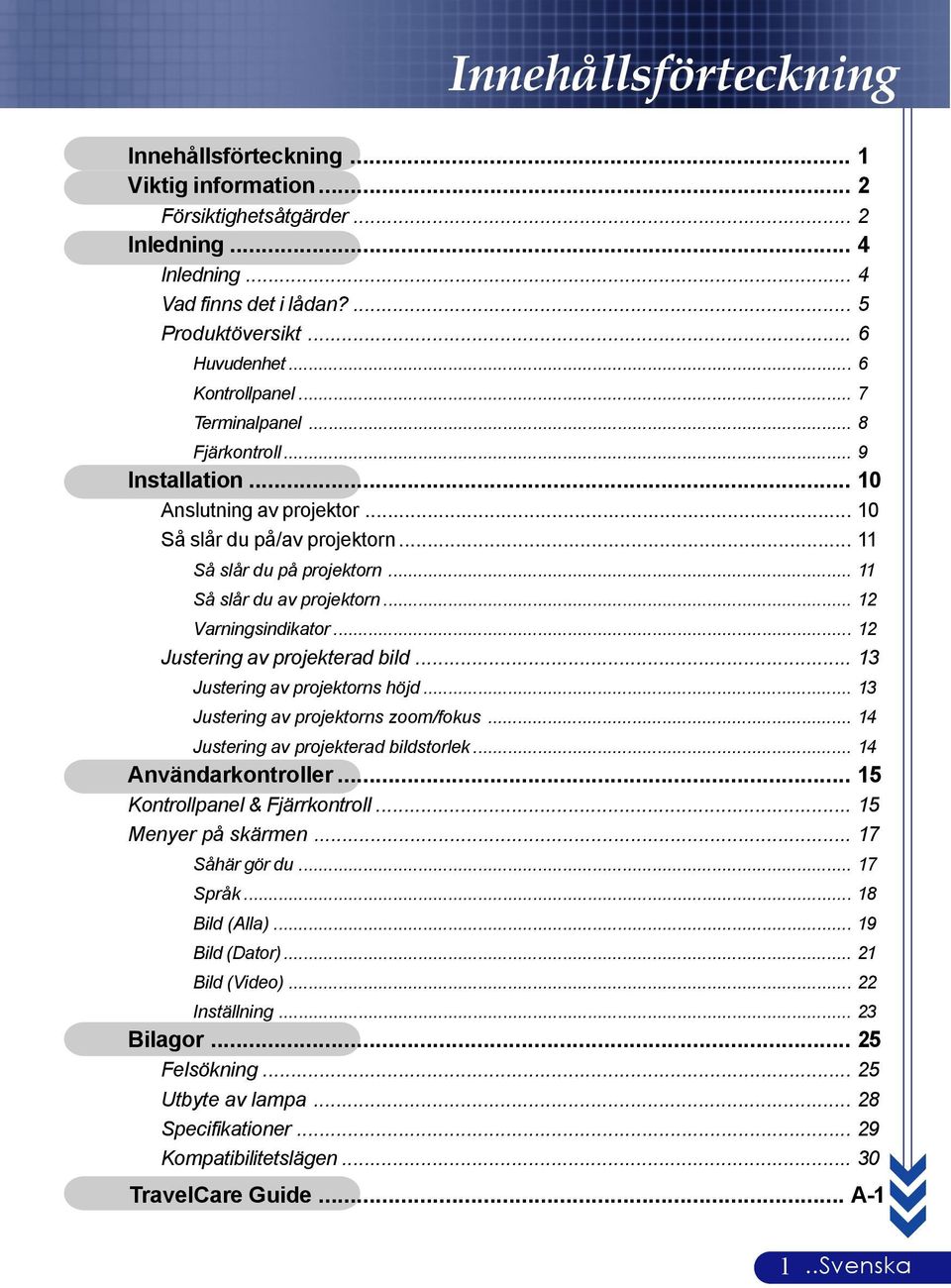 .. 12 Varningsindikator... 12 Justering av projekterad bild... 13 Justering av projektorns höjd... 13 Justering av projektorns zoom/fokus... 14 Justering av projekterad bildstorlek.