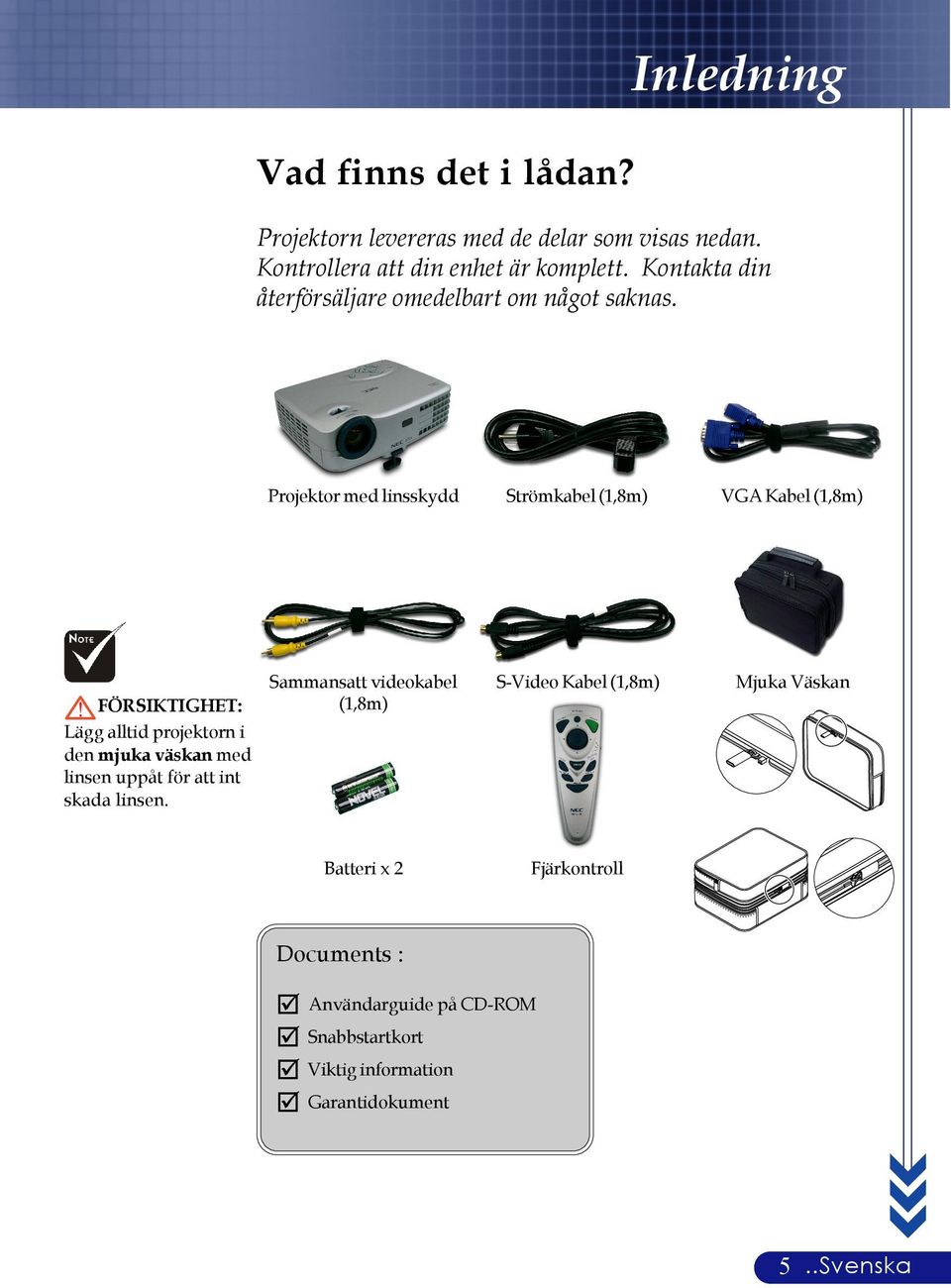 Projektor med linsskydd Strömkabel (1,8m) VGA Kabel (1,8m) FÖRSIKTIGHET: Lägg alltid projektorn i den mjuka väskan med linsen