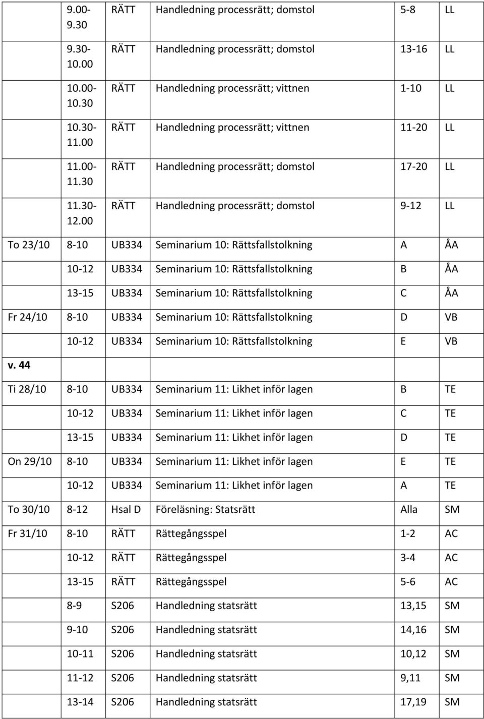 Handledning processrätt; domstol 17 20 LL RÄTT Handledning processrätt; domstol 9 12 LL To 23/10 8 10 UB334 Seminarium 10: Rättsfallstolkning A ÅA 10 12 UB334 Seminarium 10: Rättsfallstolkning B ÅA