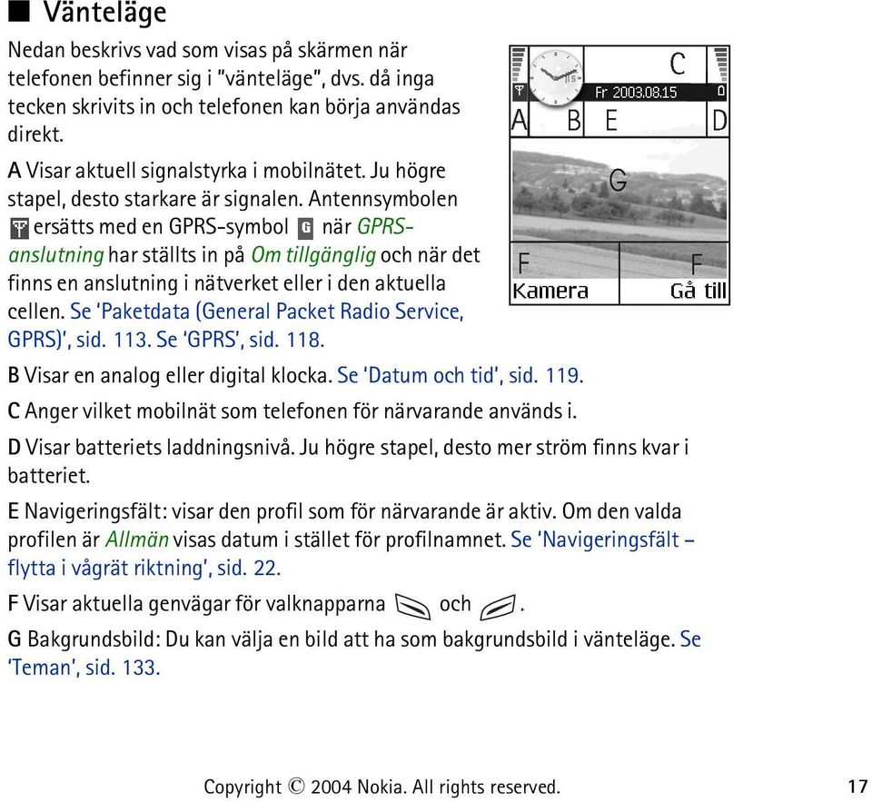 Antennsymbolen ersätts med en GPRS-symbol när GPRSanslutning har ställts in på Om tillgänglig och när det finns en anslutning i nätverket eller i den aktuella cellen.