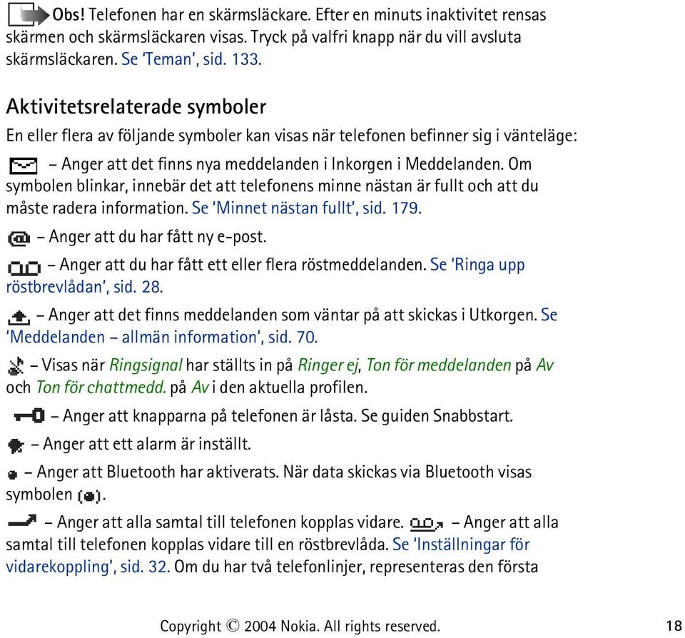 Om symbolen blinkar, innebär det att telefonens minne nästan är fullt och att du måste radera information. Se Minnet nästan fullt, sid. 179. Anger att du har fått ny e-post.