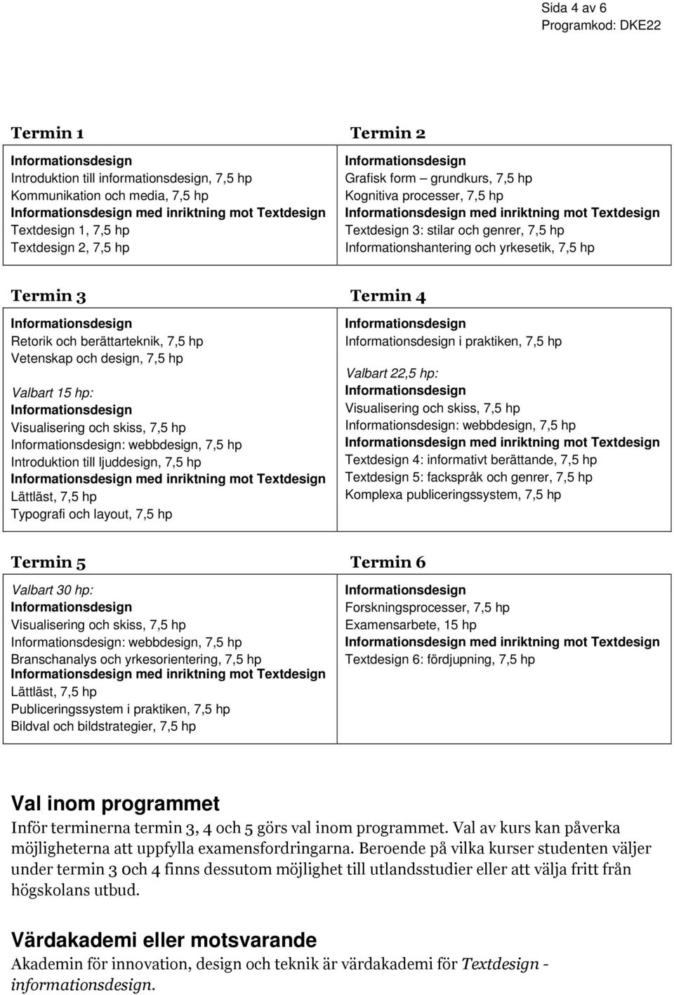 berättarteknik, 7,5 hp Vetenskap och design, 7,5 hp Valbart 15 hp: Visualisering och skiss, 7,5 hp : webbdesign, 7,5 hp Introduktion till ljuddesign, 7,5 hp med inriktning mot Textdesign Lättläst,