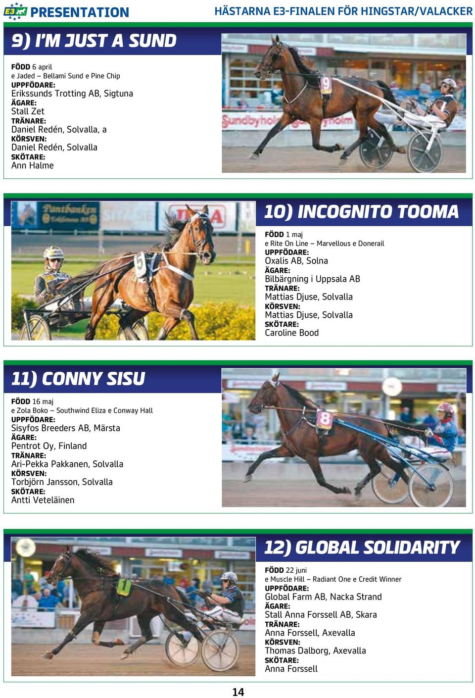 TRÄNARE: Mattias Djuse, Solvalla KÖRSVEN: Mattias Djuse, Solvalla SKÖTARE: Caroline Bood 11) CONNY SISU FÖDD 16 maj e Zola Boko Southwind Eliza e Conway Hall UPPFÖDARE: Sisyfos Breeders AB, Märsta