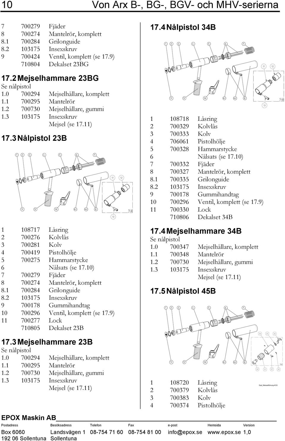 3 Nålpistol 23B 1 108717 Låsring 2 700276 Kolvlås 3 700281 Kolv 4 700419 Pistolhölje 5 700275 Hammarstycke 6 Nålsats (se 17.10) 7 700279 Fjäder 8 700274 Mantelrör, komplett 8.1 700284 Grilonguide 8.