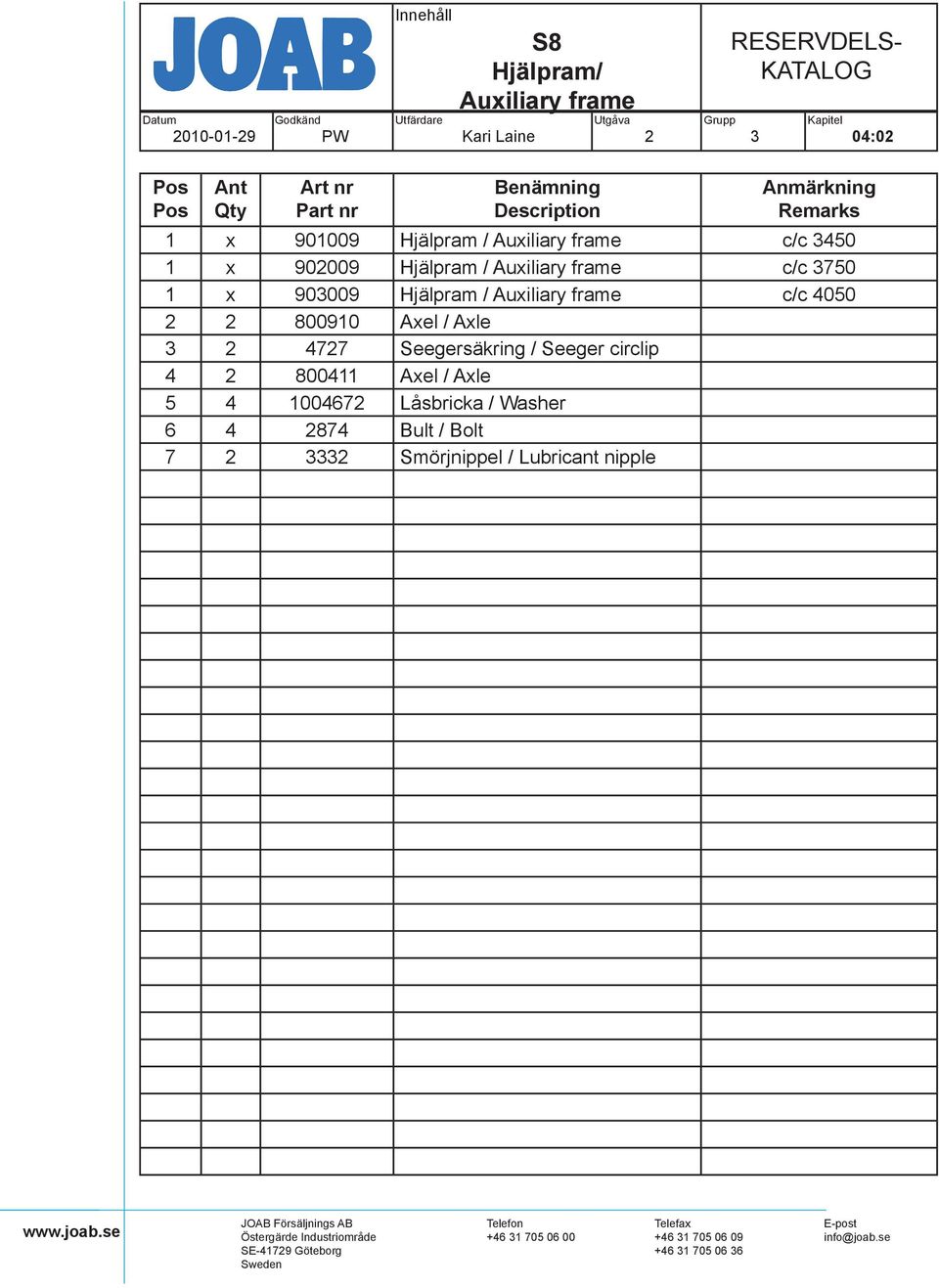 Auxiliary frame c/c 050 800910 Axel / Axle 77 Seegersäkring / Seeger circlip 80011 Axel / Axle 5 1007