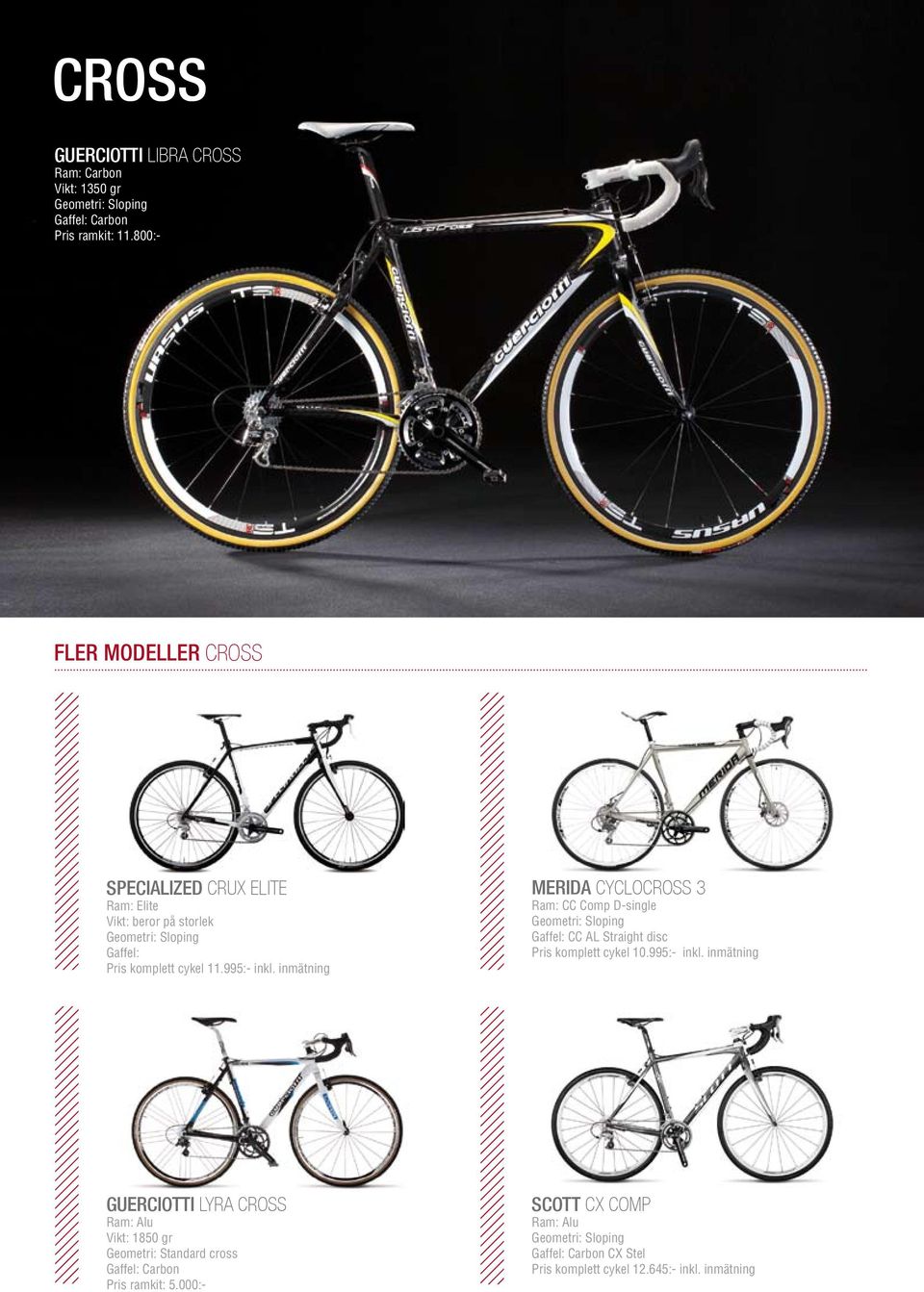 inmätning merida Cyclocross 3 Ram: CC Comp D-single Geometri: Sloping Gaffel: CC AL Straight disc Pris komplett cykel 10.995:- inkl.