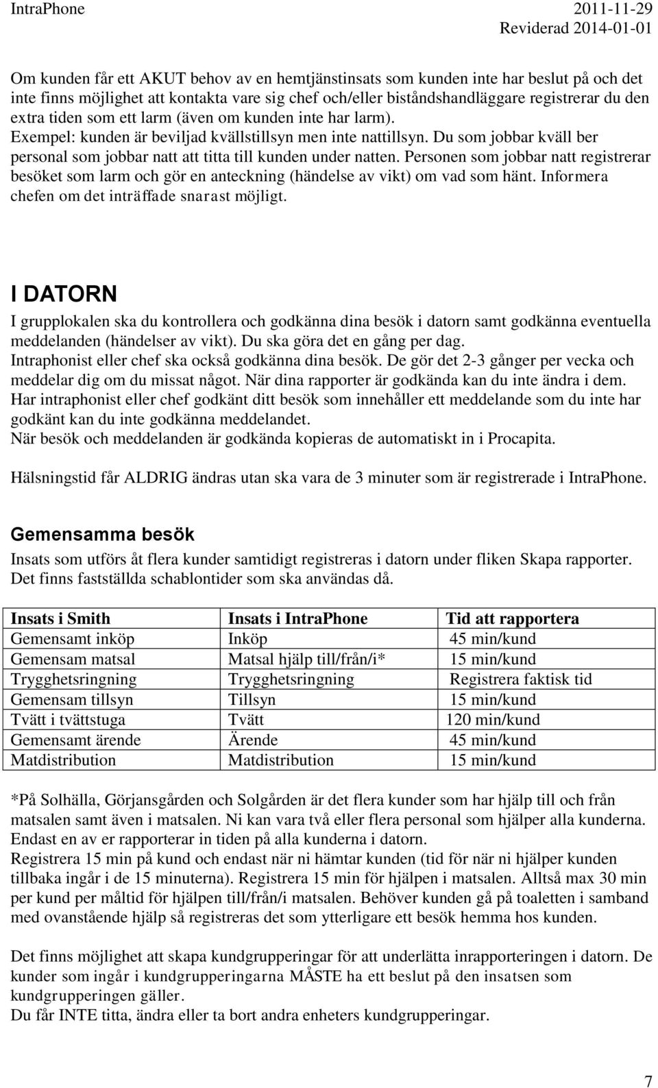 Personen som jobbar natt registrerar besöket som larm och gör en anteckning (händelse av vikt) om vad som hänt. Informera chefen om det inträffade snarast möjligt.