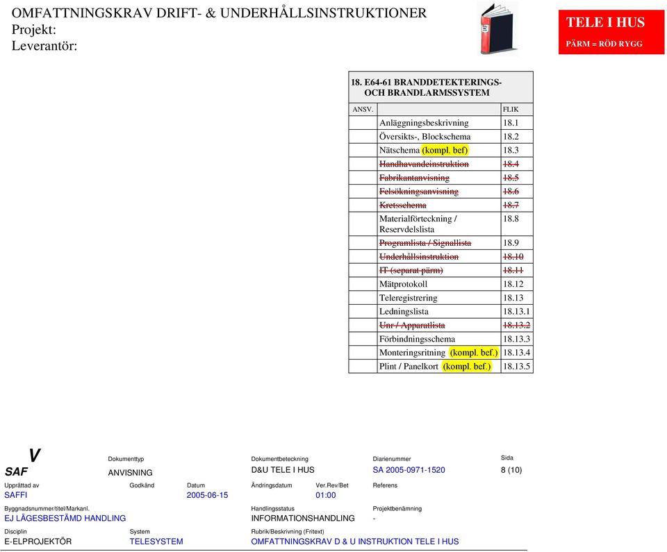 9 Underhållsinstruktion 18.10 IT (separat pärm) 18.11 Mätprotokoll 18.12 Teleregistrering 18.13 Ledningslista 18.13.1 Unr / Apparatlista 18.13.2 Förbindningsschema 18.13.3 Monteringsritning (kompl.