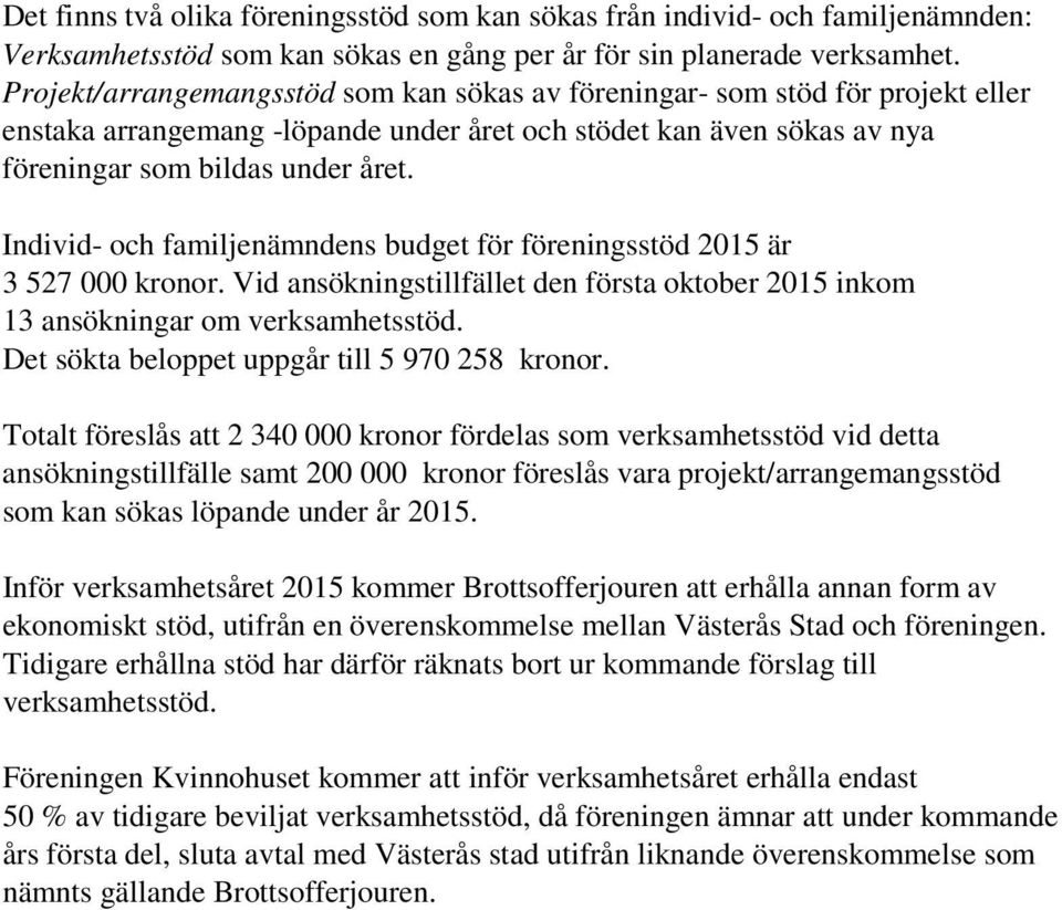 Individ- och familjenämndens budget för föreningsstöd 2015 är 3 527 000 kronor. Vid ansökningstillfället den första oktober 2015 inkom 13 ansökningar om sstöd.