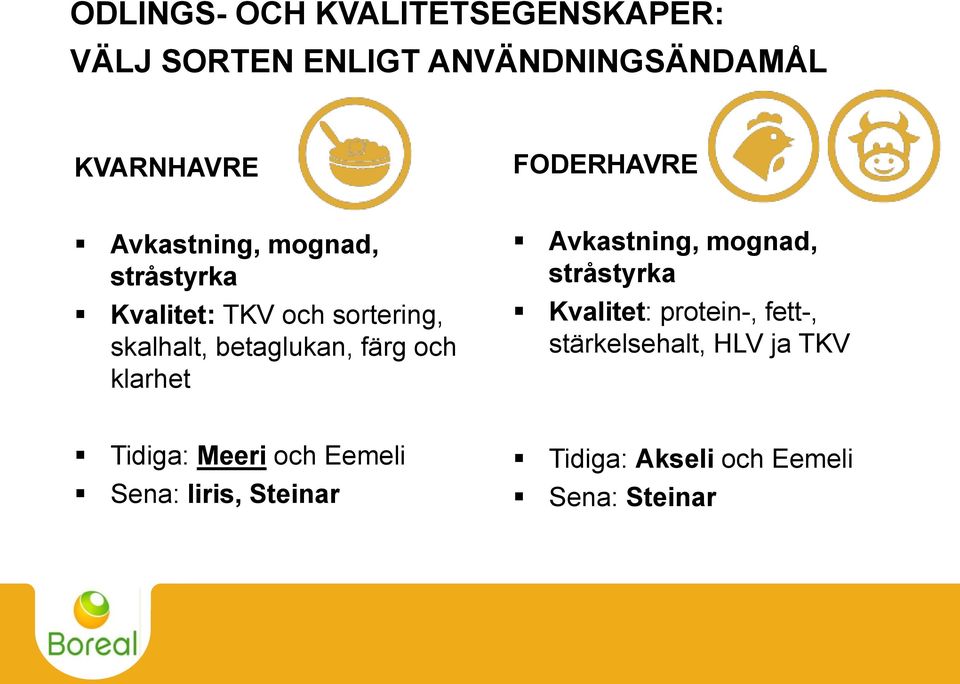 betaglukan, färg och klarhet Avkastning, mognad, stråstyrka Kvalitet: protein-, fett-,