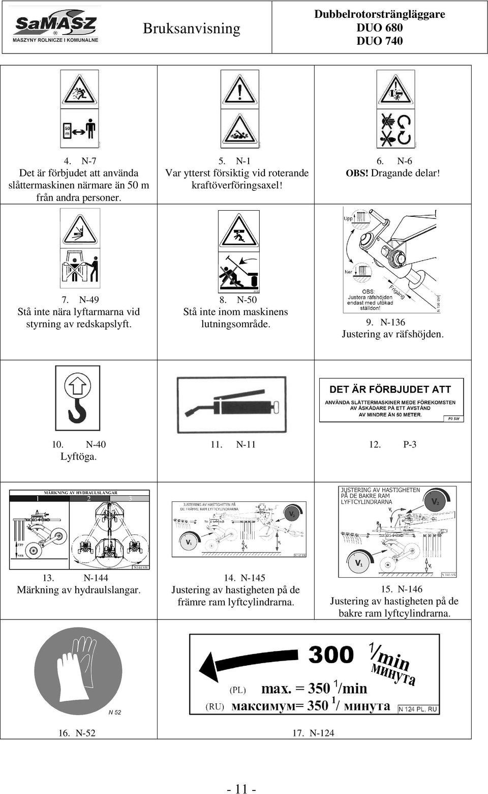 N-136 Justering av räfshöjden. 10. N-40 Lyftöga. 11. N-11 12. P-3 13. N-144 Märkning av hydraulslangar. 14.