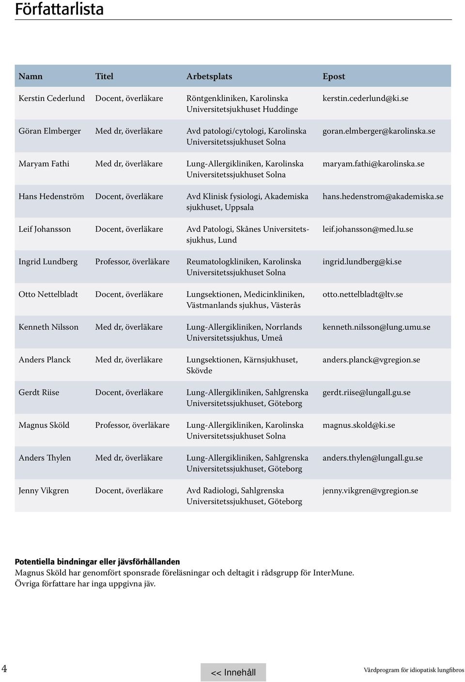 Akademiska sjukhuset, Uppsala Leif Johansson Docent, överläkare Avd Patologi, Skånes Universitetssjukhus, Lund Ingrid Lundberg Professor, överläkare Reumatologkliniken, Karolinska