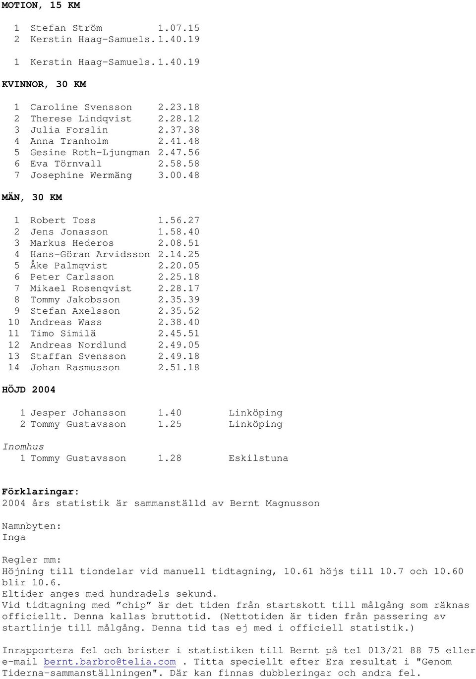 51 4 Hans-Göran Arvidsson 2.14.25 5 Åke Palmqvist 2.20.05 6 Peter Carlsson 2.25.18 7 Mikael Rosenqvist 2.28.17 8 Tommy Jakobsson 2.35.39 9 Stefan Axelsson 2.35.52 10 Andreas Wass 2.38.