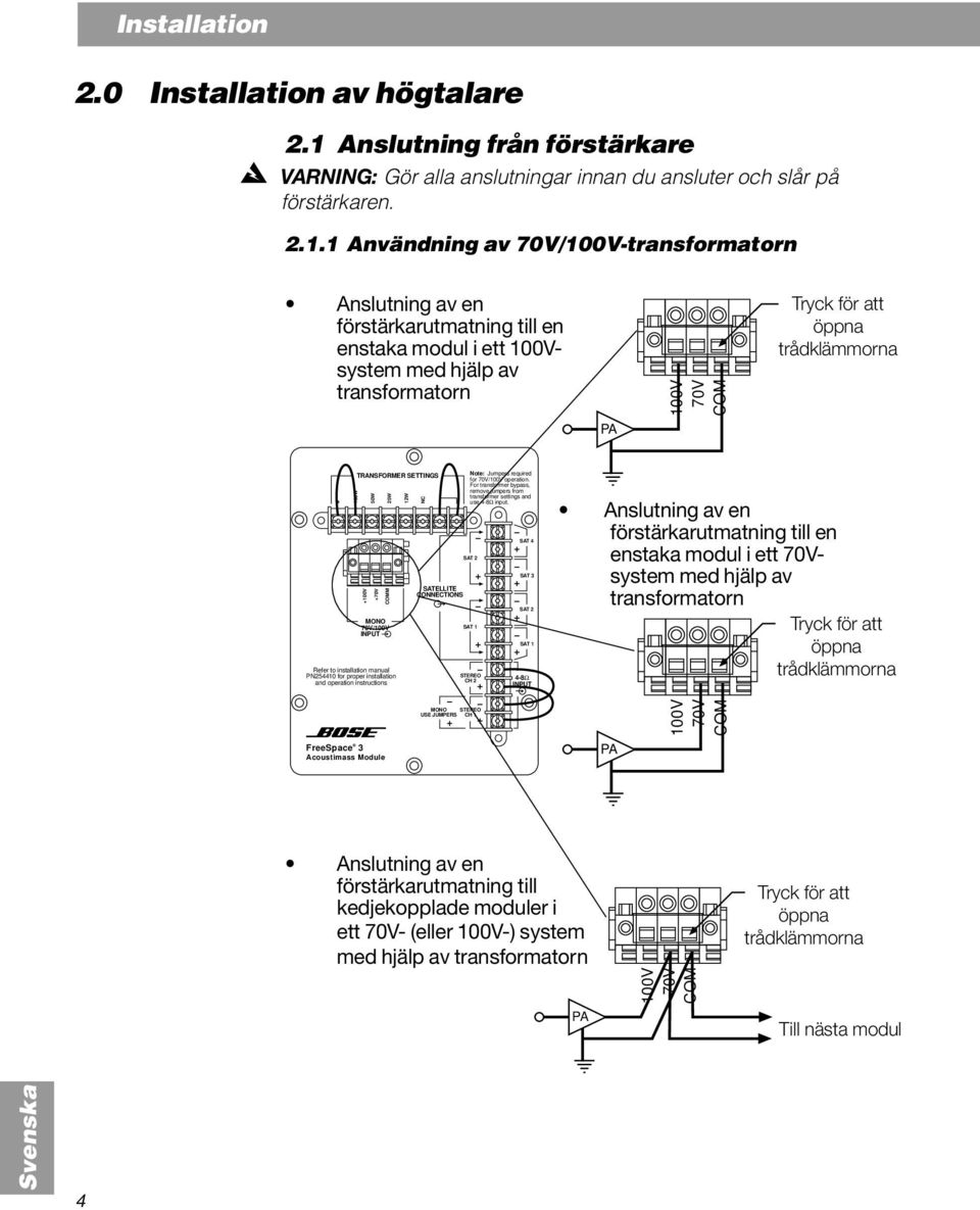 1 Användning av -transformatorn Anslutning av en förstärkarutmatning till en enstaka modul i ett 100Vsystem med hjälp av transformatorn PA 100V 70V COM Tryck för att öppna trådklämmorna