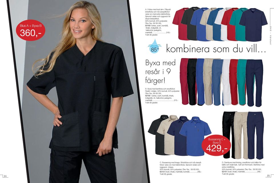 Bröstfi cka och två utanpåfi ckor varav en med telefonfi cka. Sprund i sidan och ryggveck. Unisex. 50% bomull, 50% polyester. Öko-Tex. Stl XS-XXL. 65154 Svart, khaki, marinblå, kornblå...285.- D.
