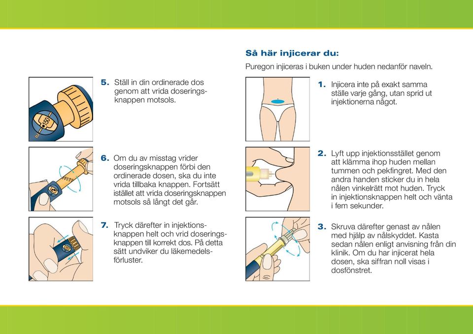 Fortsätt istället att vrida doseringsknappen motsols så långt det går. 7. Tryck därefter in injektionsknappen helt och vrid doseringsknappen till korrekt dos.