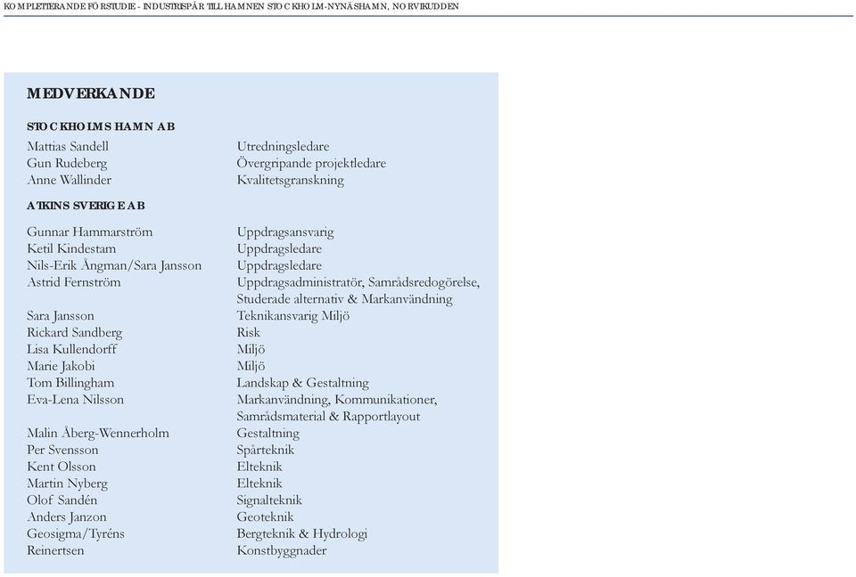 Samrådsredgörelse, Studerade alternativ & Markanvändning Sara Janssn Teknikansvarig Miljö Rickard Sandberg Risk Lisa Kullendrff Miljö Marie Jakbi Miljö Tm Billingham Landskap & Gestaltning Eva-Lena