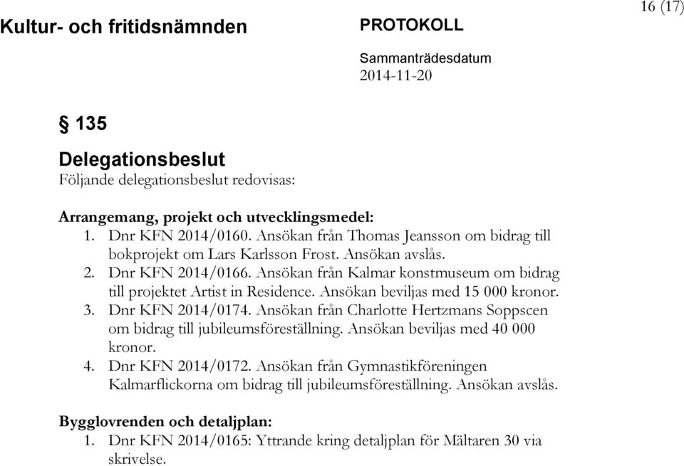 Ansökan från Kalmar konstmuseum om bidrag till projektet Artist in Residence. Ansökan beviljas med 15 000 kronor. 3. Dnr KFN 2014/0174.