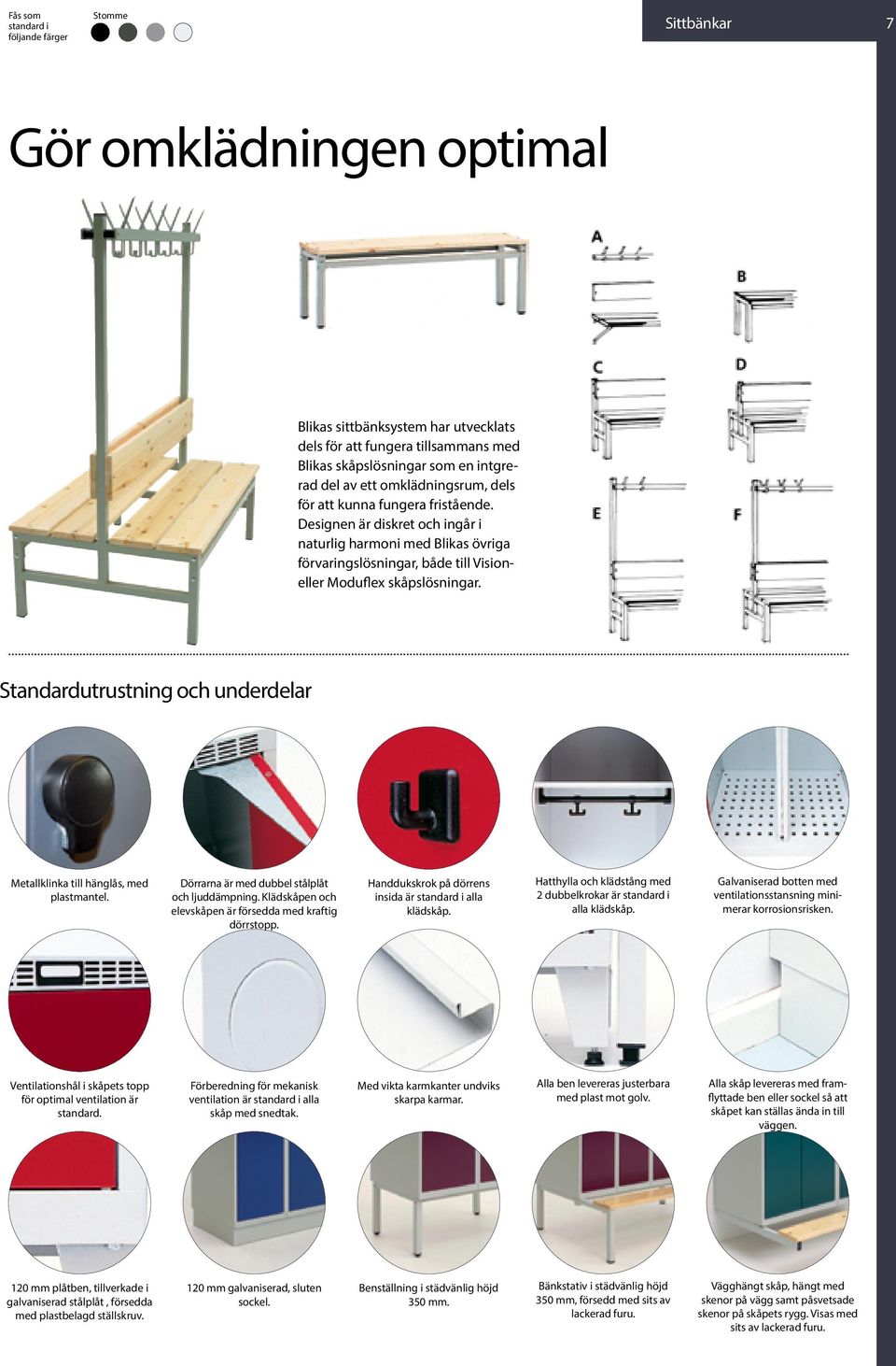 utrustning och underdelar Metallklinka till hänglås, med plastmantel. arna är med dubbel stålplåt och ljuddämpning. Klädskåpen och elevskåpen är försedda med kraftig dörrstopp.