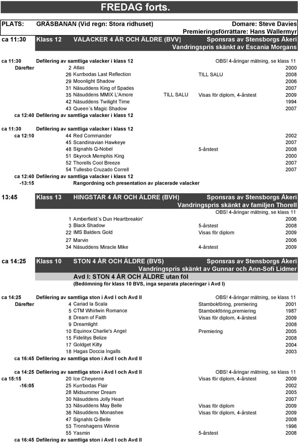 skänkt av Escania Morgans ca 11:30 Defilering av samtliga valacker i klass 12 OBS!