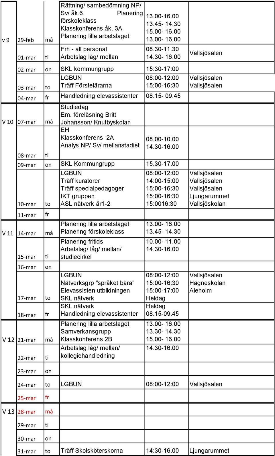 föreläsning Britt Johanss/ Knutbyskolan Klasskferens 2A Analys NP/ Sv/ mellanstadiet 08.00-10.00 09-mar SKL Kommungrupp 15.30-17.