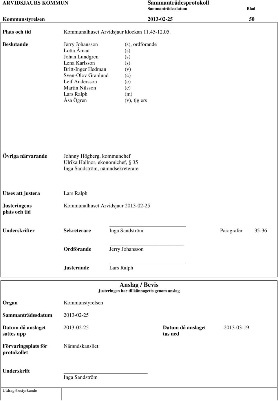 Ögren (v), tjg ers Övriga närvarande Johnny Högberg, kommunchef Ulrika Hallnor, ekonomichef, 35 Inga Sandström, nämndsekreterare Utses att justera Lars Ralph Justeringens Kommunalhuset Arvidsjaur