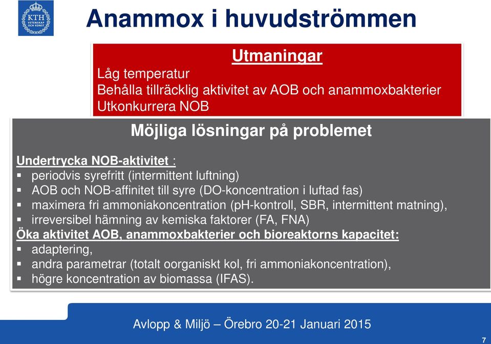 maximera fri ammoniakoncentration (ph-kontroll, SBR, intermittent matning), irreversibel hämning av kemiska faktorer (FA, FNA) Öka aktivitet AOB,